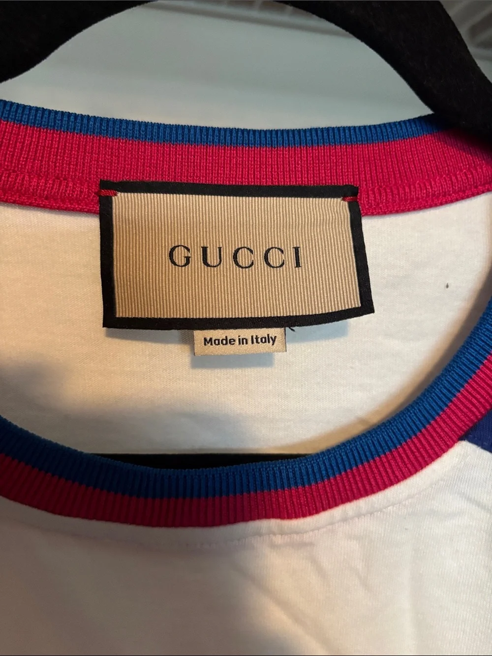 Gucci Pink Tee with Red Trim and Navy Logo and Gucci Mushroom Shirts - Picture 5 of 6